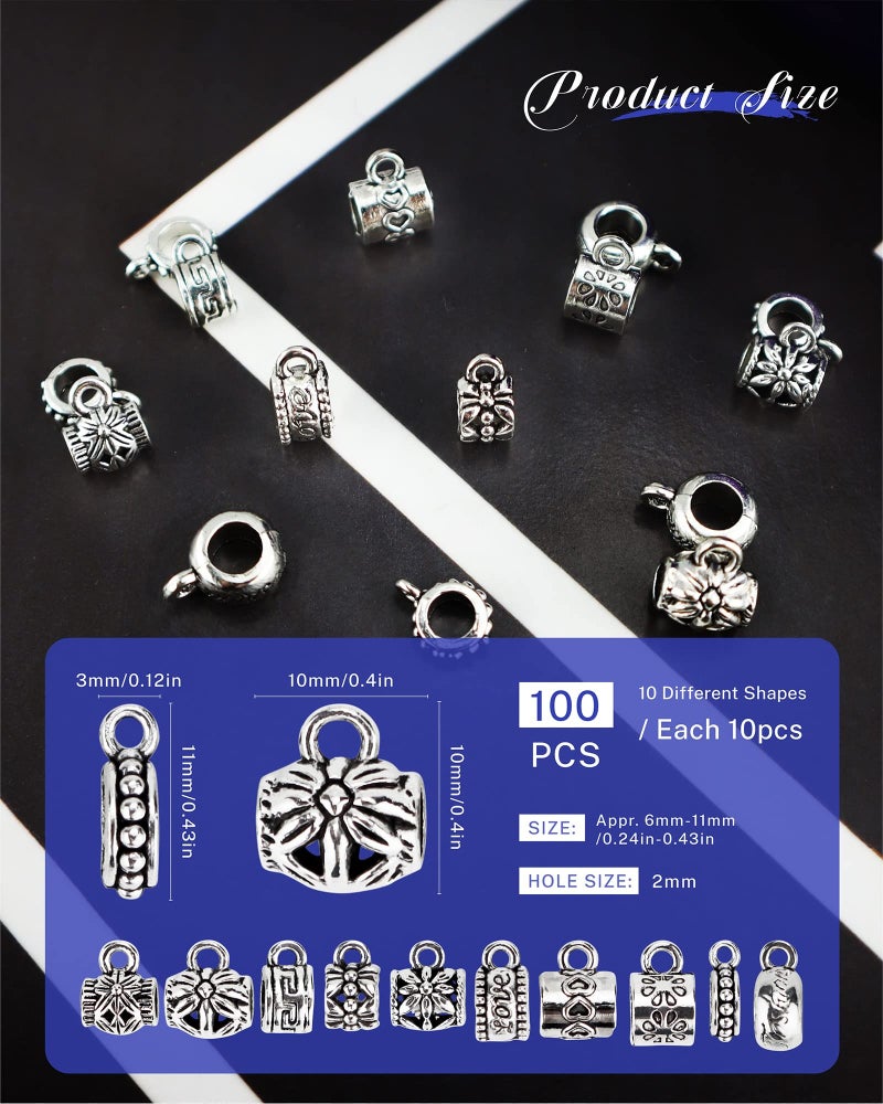 YETOOME 100 Pcs Antique Tibetan Silver Bail Beads  Loose Spacer Bead  Bead Hanger Charm for Jewelry Making DIY Necklace Bracelet  10 Styles - Image 2